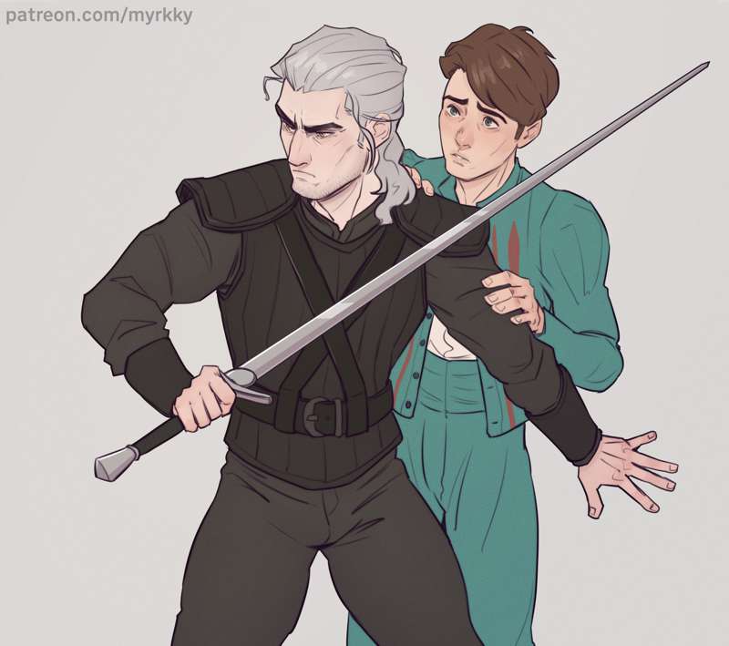 "Geralt protecting Jaskier" by myrkky from Patreon Kemono